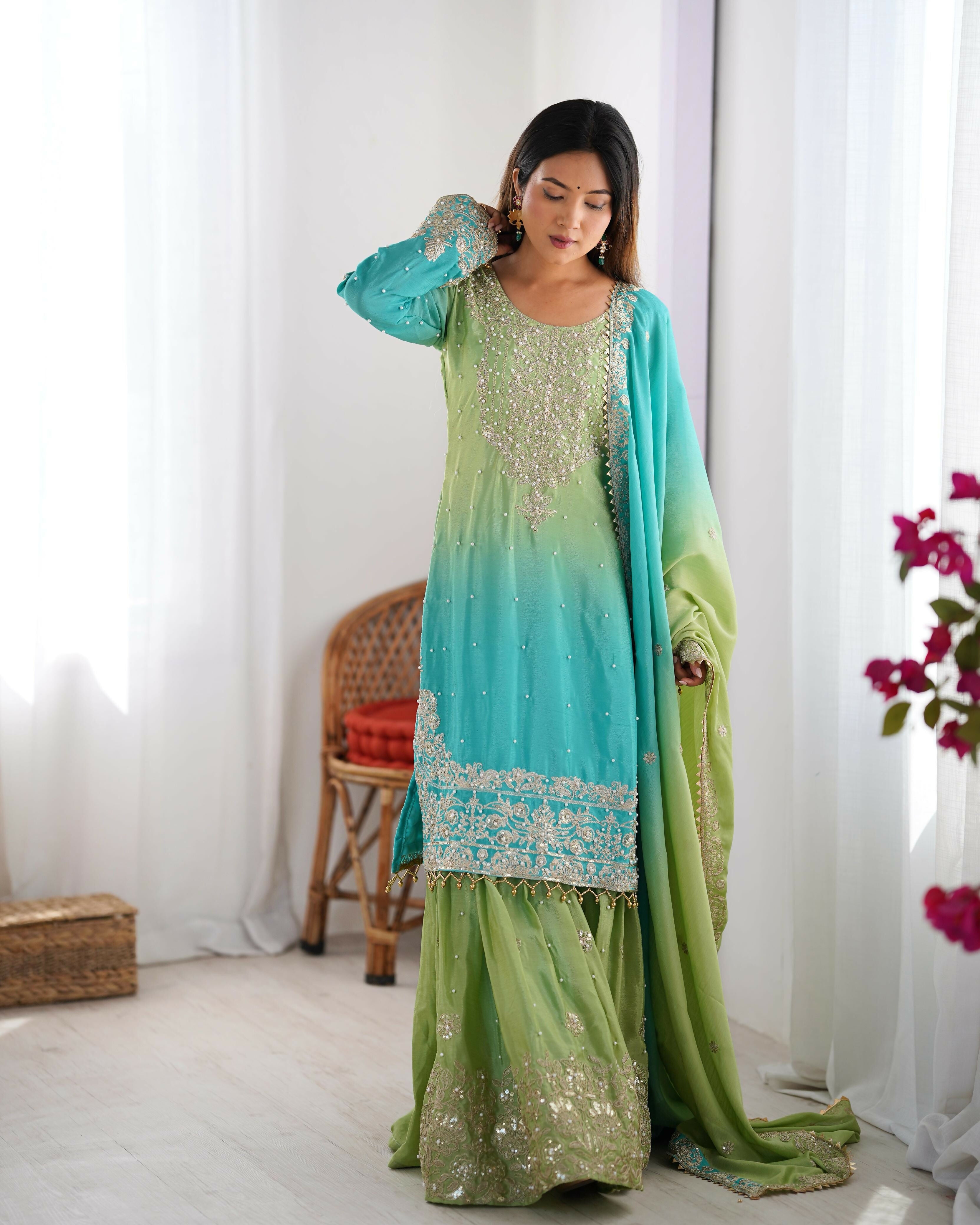 Joban Fashion Light green & Blue Palazzo Chinon silk Coding Dori with Sequence with Rivet Moti