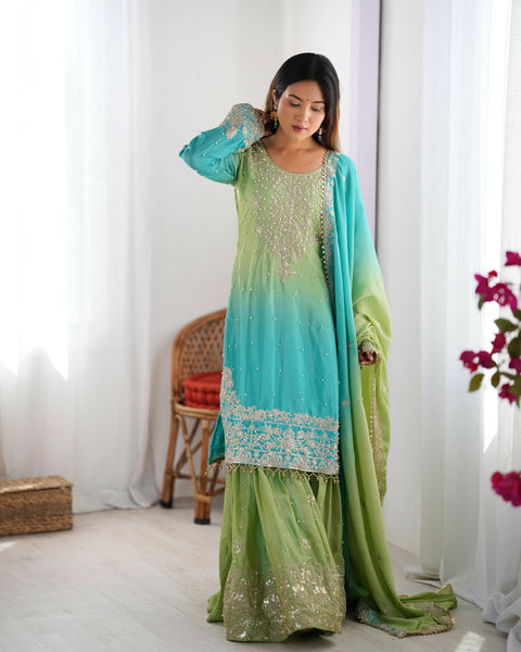 Joban Fashion Light green & Blue Palazzo Chinon silk Coding Dori with Sequence with Rivet Moti