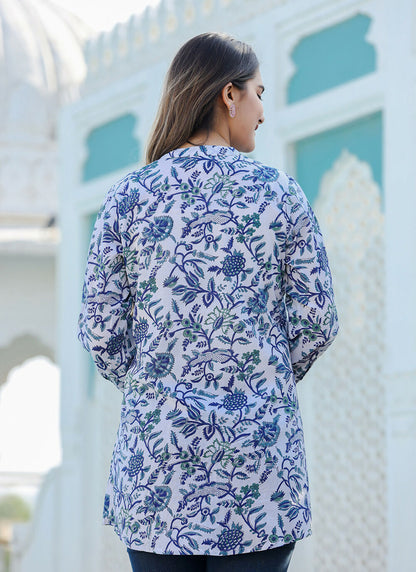 Kaajh Women's White-Blue Hand Block Printed Cotton Top - Distacart