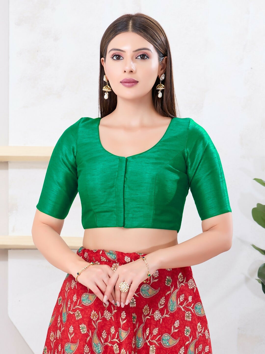 Joban Fashion Rama-Green Dupion Silk Elbow Sleeveless Front Open Blouse