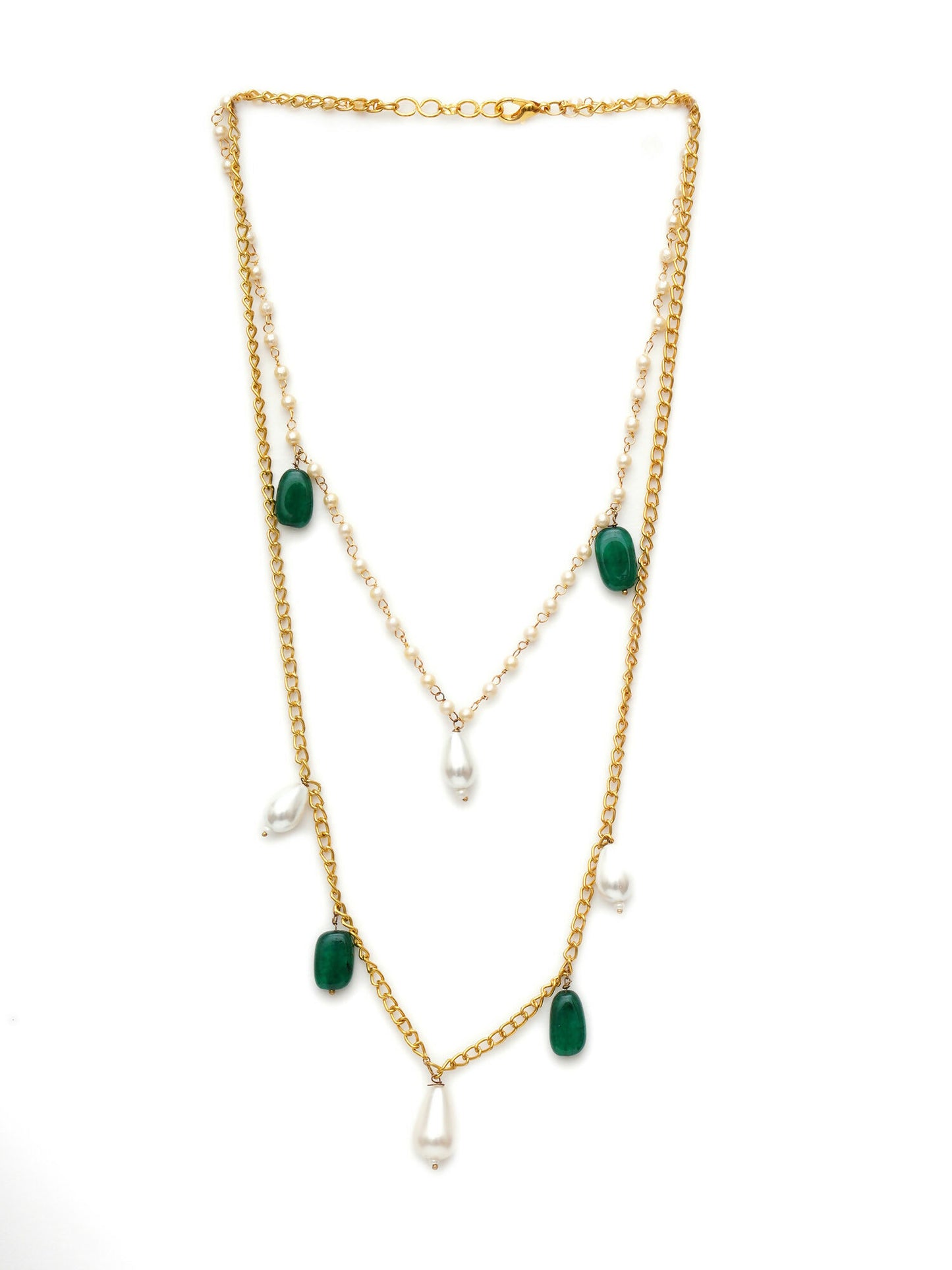 Layered Pearl and Gold Neckpiece with Emeralds (Gold) - Ruby Raang - Distacart