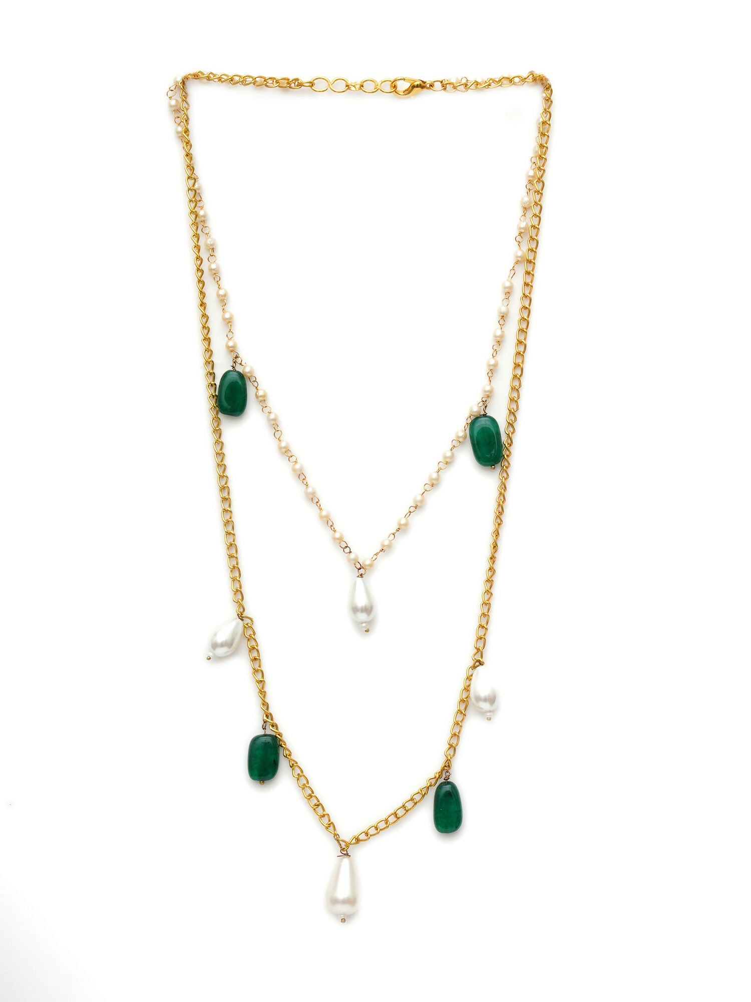 Layered Pearl and Gold Neckpiece with Emeralds (Gold) - Ruby Raang - Distacart