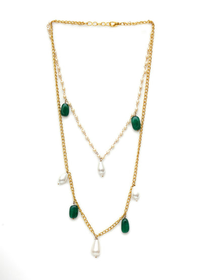 Layered Pearl and Gold Neckpiece with Emeralds (Gold) - Ruby Raang - Distacart