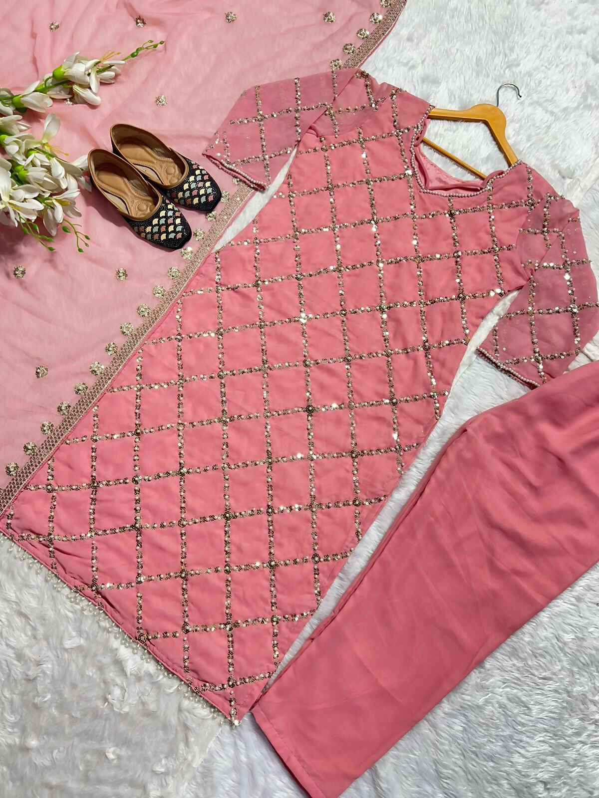 Preksha Creation Indian Festival Special Women Faux Georgette Sequence Embroidered Work Top And Pant With Dupatta - Pink - Distacart