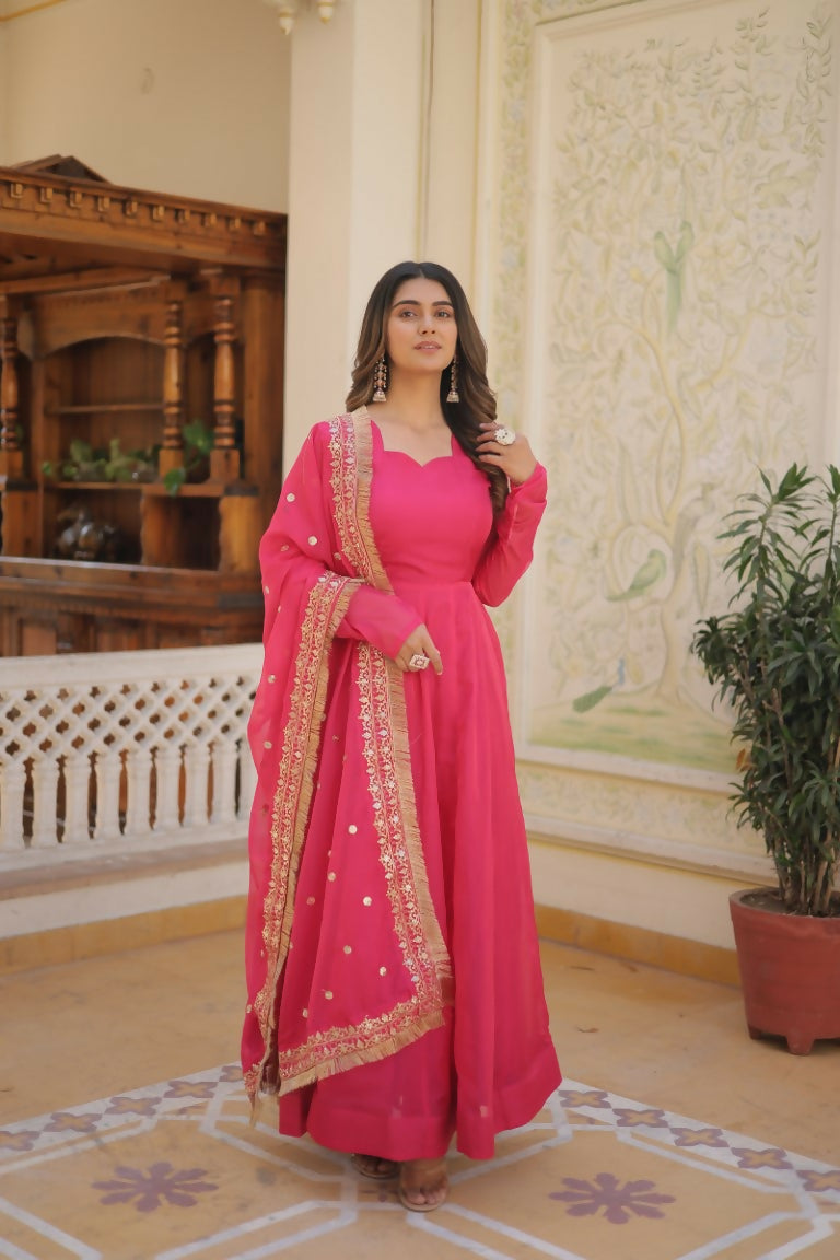 Aastha Fashion Women's Pink Russian Silk Kali Pattern Work in Flair Anarkali Dress with Dupatta - Distacart