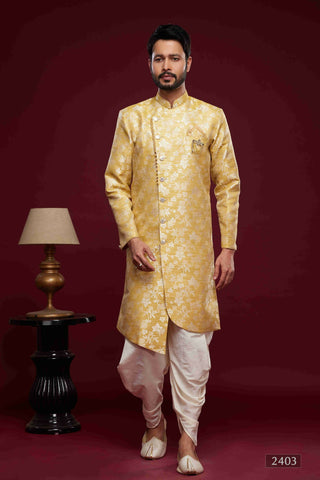 Raivat Ethnic Banarasi Jacquard Embroidery Semi Indo Western Sherwani In Cream Beige Colour