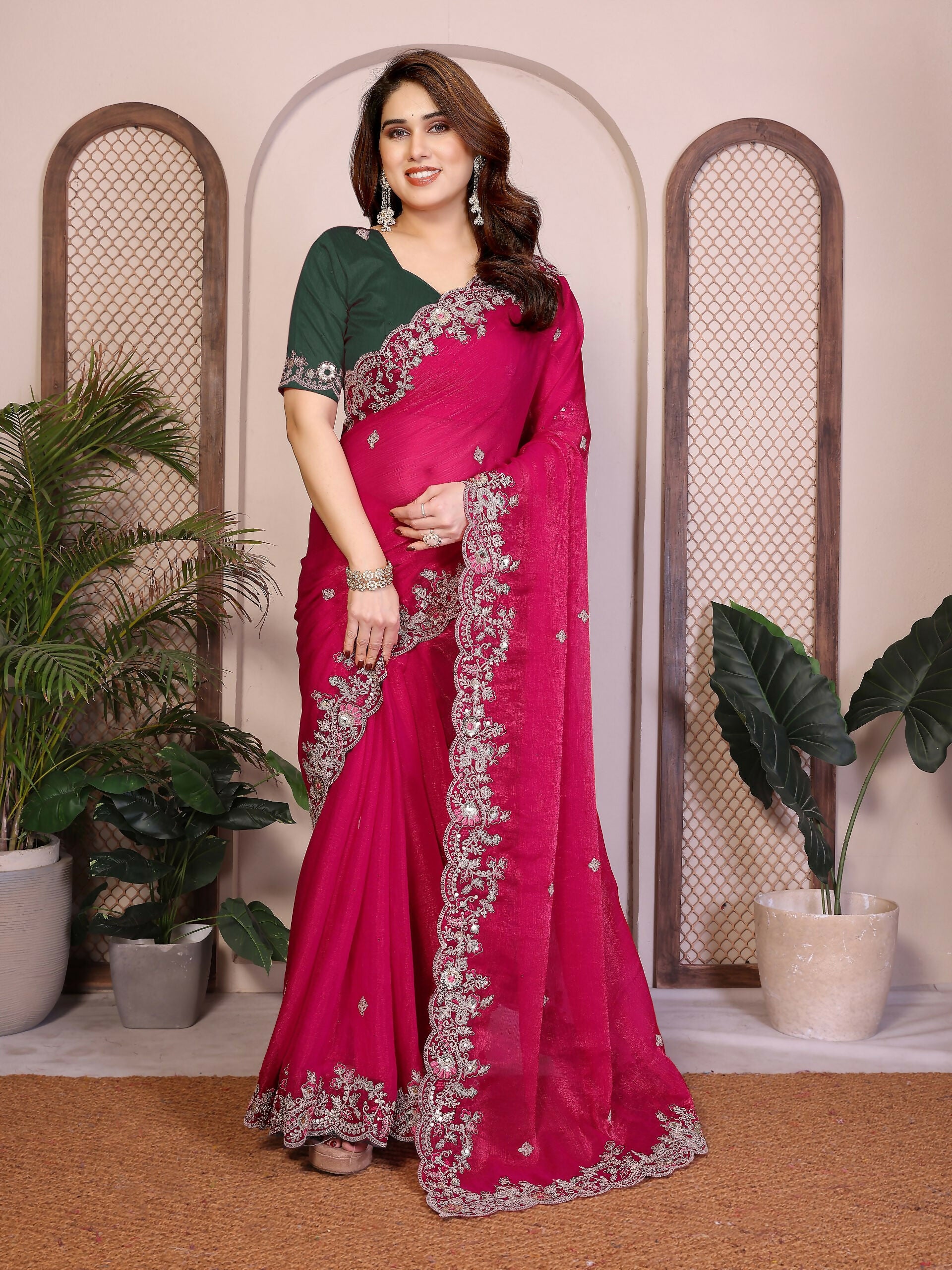 Teeya Creation New Womens Latest Party Wear Soft Chiffon Silk Saree-Pink - Dista