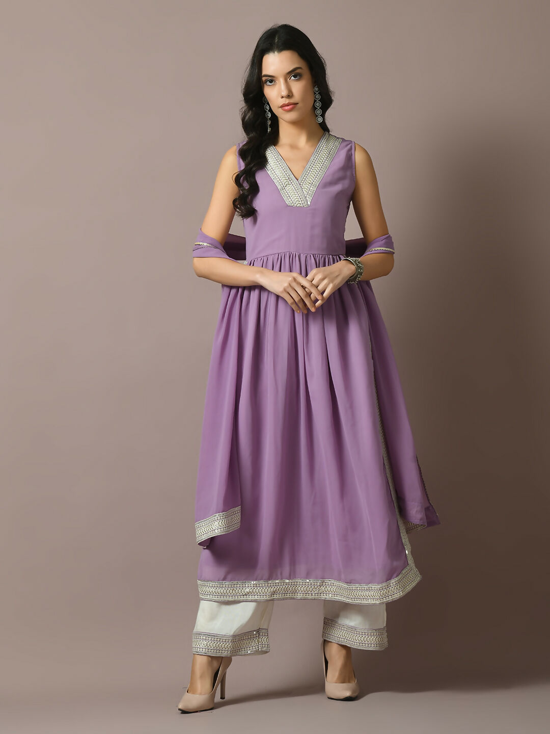 Myshka Women's Lavender Solid Georgette Anarkali Party Kurta Set With Dupatta - Distacart