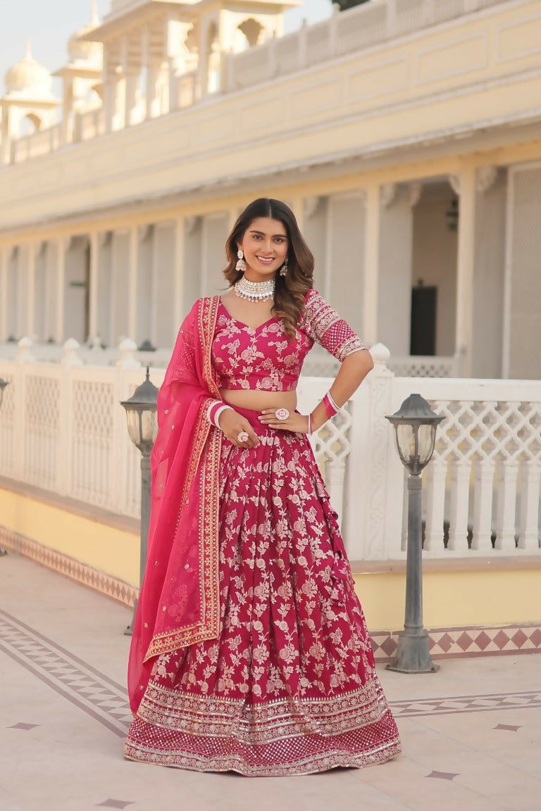 Vastranavya Designer Dyeable Pure Viscose Jacquard Fabric Lehenga Choli & Dupatta Set - Pink - Distacart