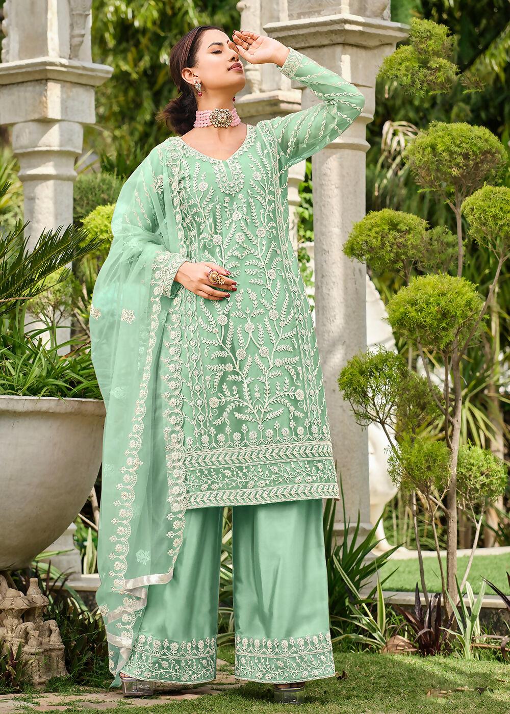 Mint Green Stone & Cording Work Festive Palazzo Suit - Emponline - Distacart