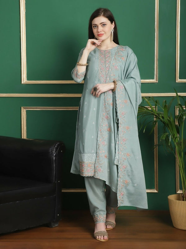 Aastha Fashion Women's Turquoise Chinon Chiffon Floral Embroidery with Cording & Crystal Work Designer Straight Suit Set - Distacart