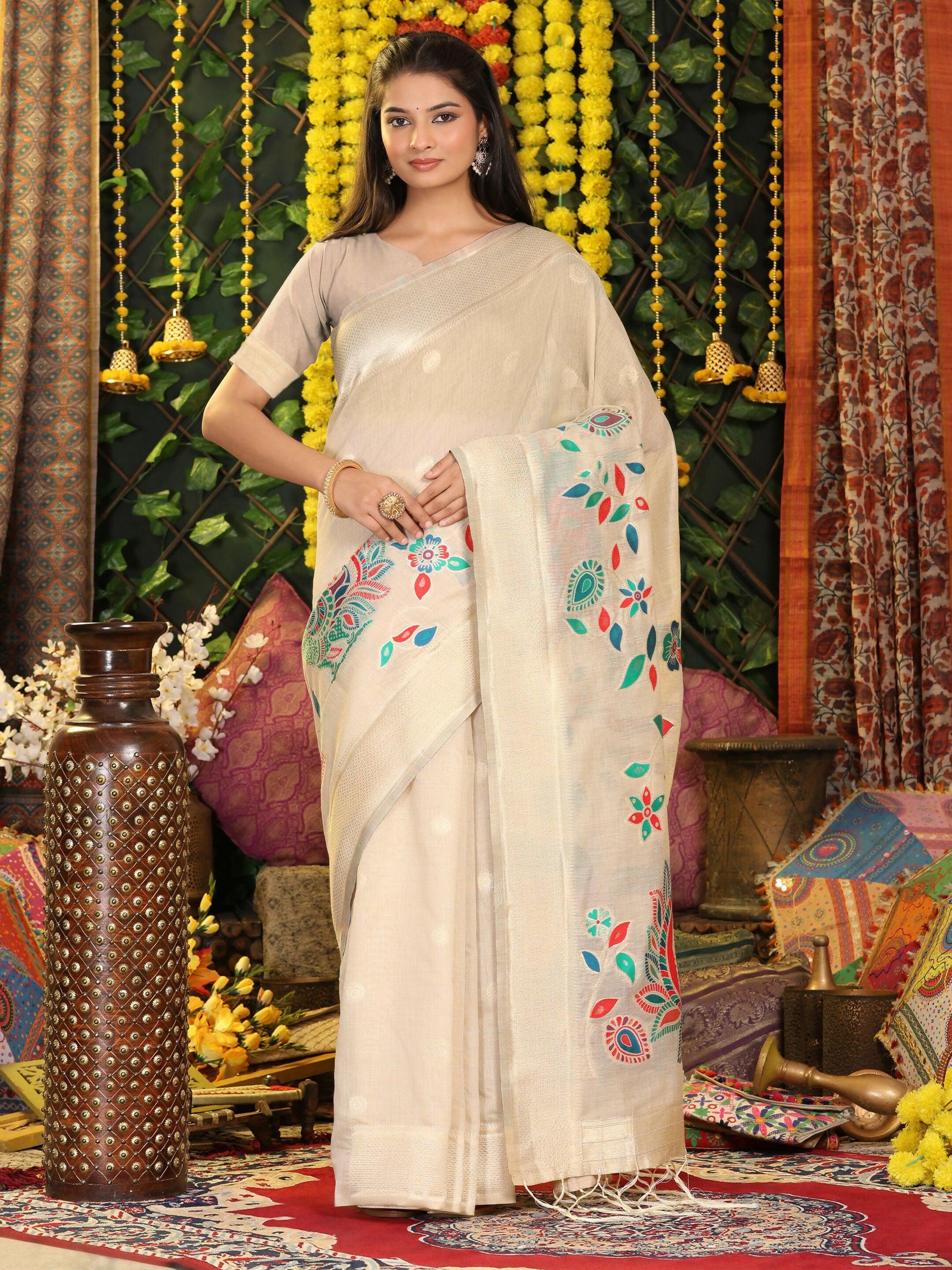 Shree Shyam Fashion Linen Cotton Cream Saree - Distacart