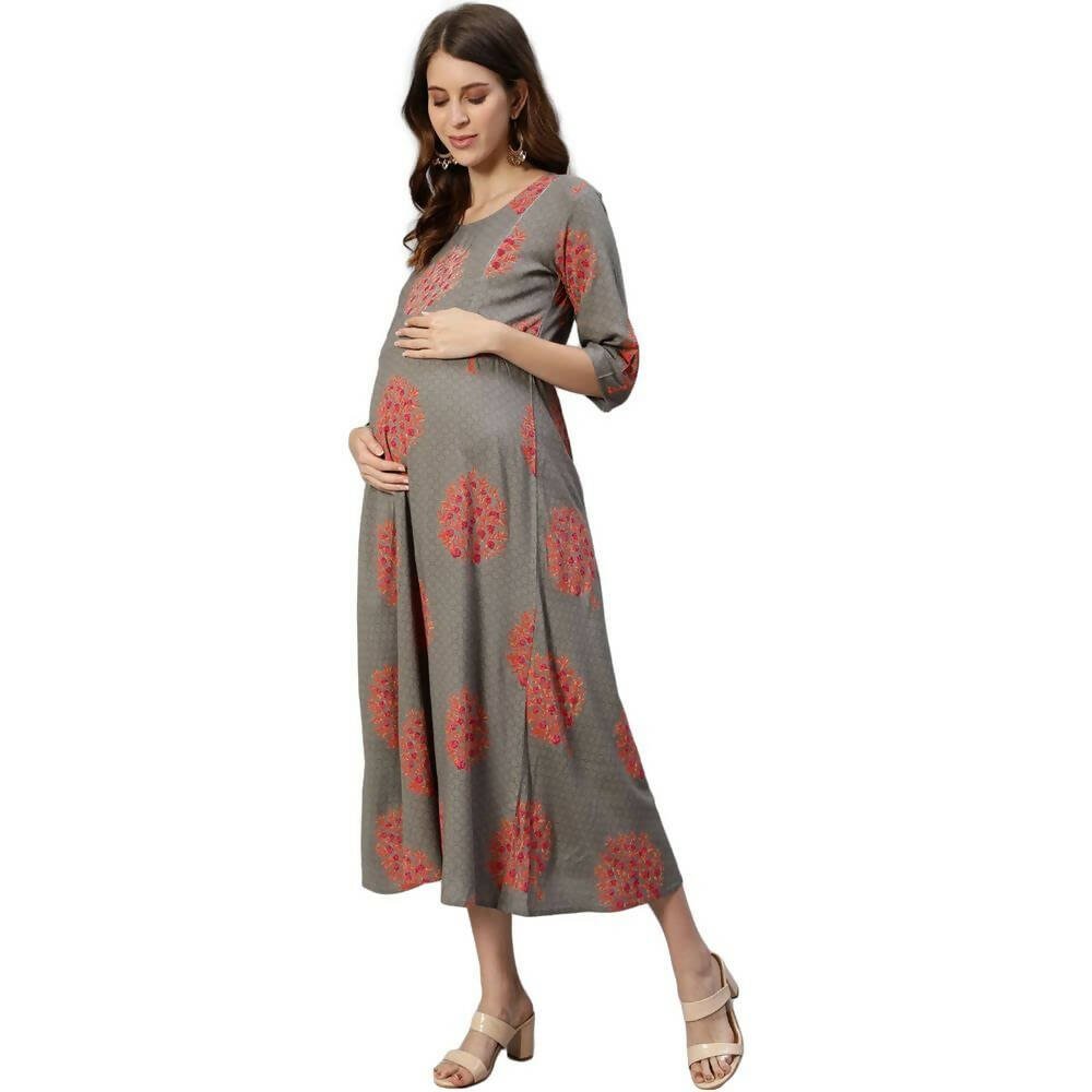 Anubhutee Women's Rayon Floral Maternity A-Line Midi Grey Dress - Distacart