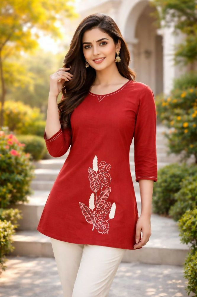 Teeya Creation Womens New Latest Cotton Orange Floral Embroidered Short Kurti - Dista
