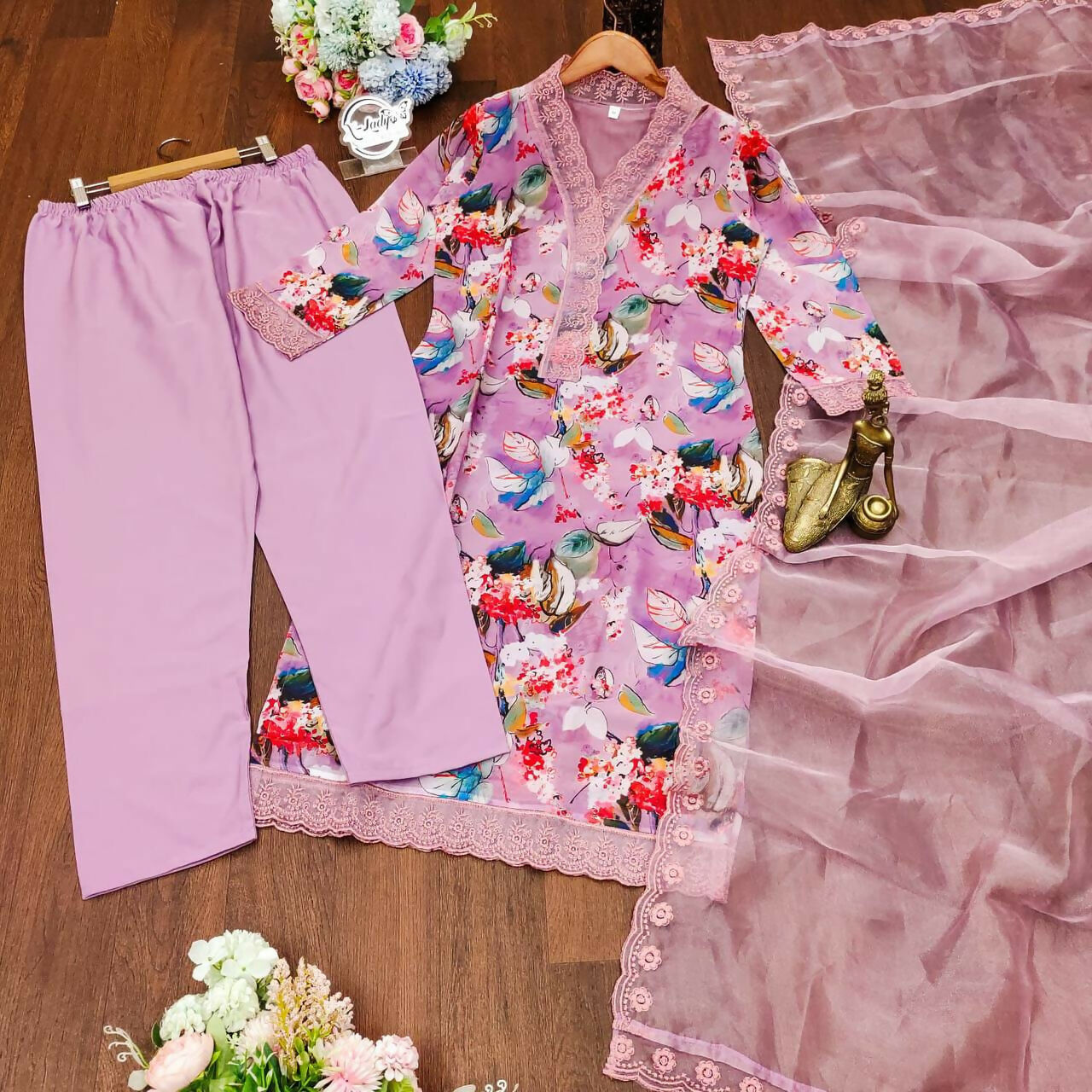 Preksha Creation Indian Festival Georgette Women Lavender Kurta With Dupatta With Pant - Distacart