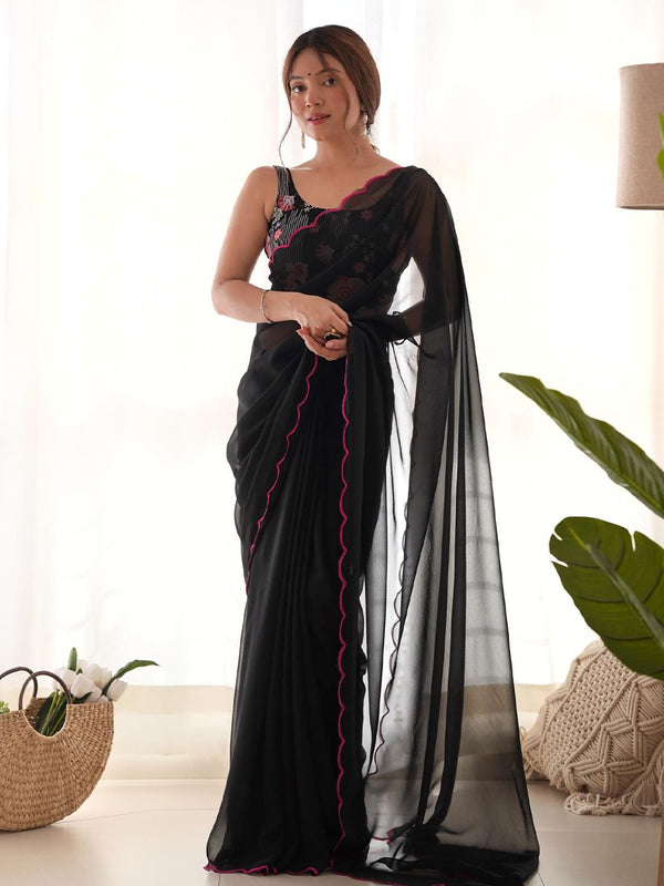 Mitera Embroidered Border Solid Pure Georgette Saree - Distacart
