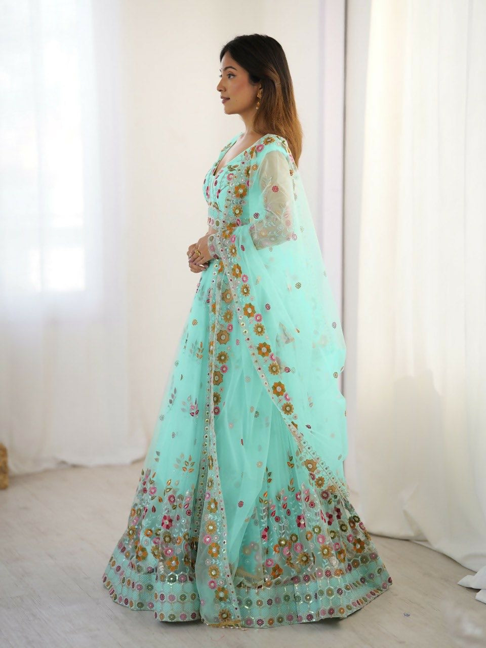 Joban Fashion Light Green Lehenga Net Coding Dori with Sequence with Rivet Moti