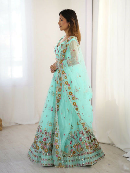 Joban Fashion Light Green Lehenga Net Coding Dori with Sequence with Rivet Moti