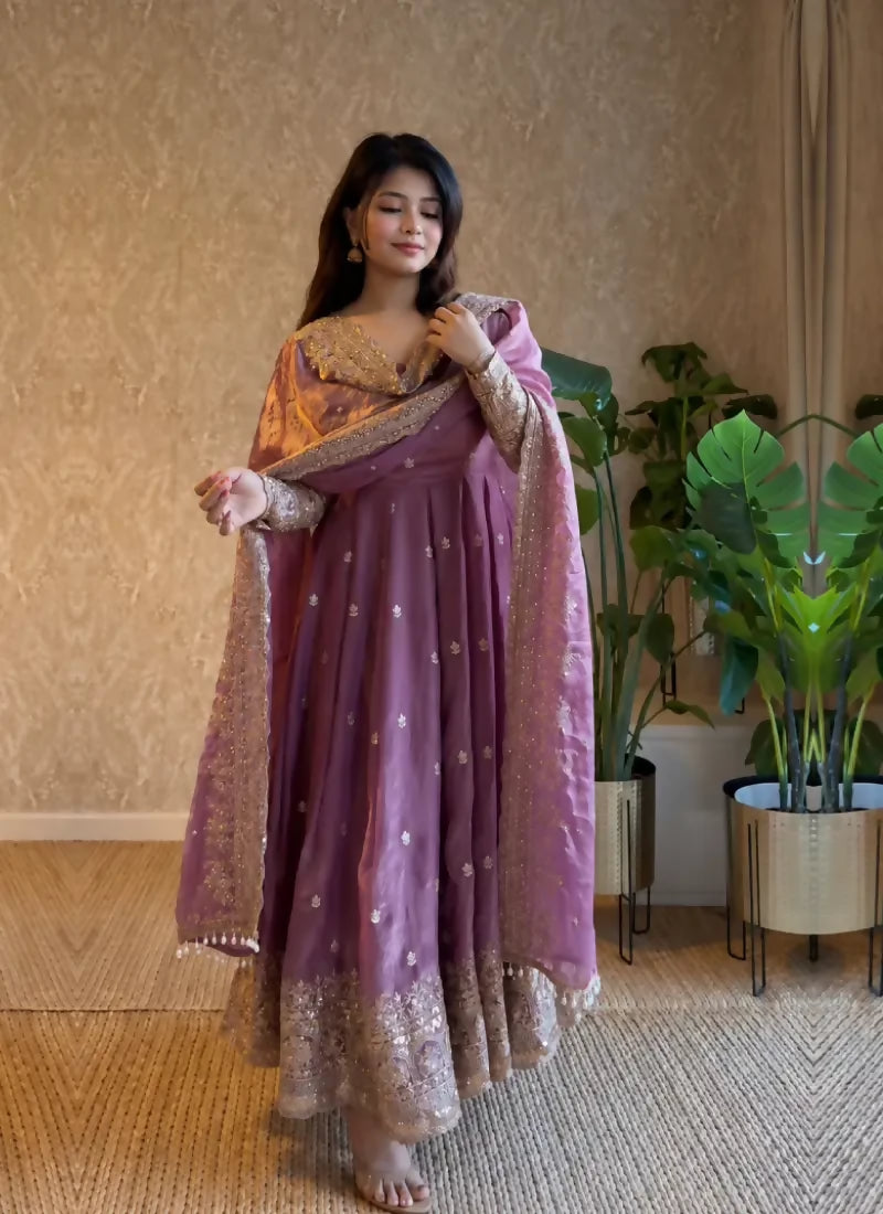 Jihu Culture Women's Lavender Zari Sequence Embroidery Work Anarkali Gown With Dupatta - Dista