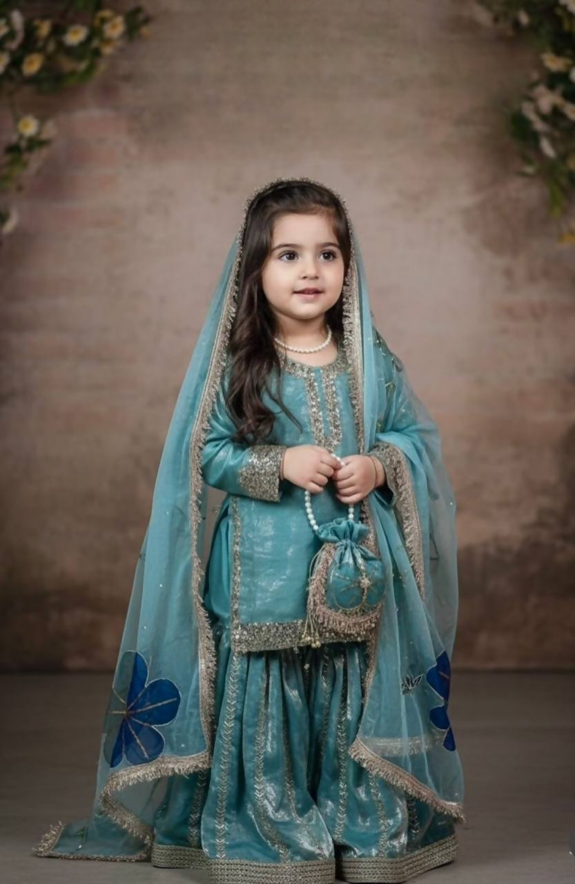 Teeya Creation New Kids Latest Trendy Kurta Sharara Set-Turquoise - Dista