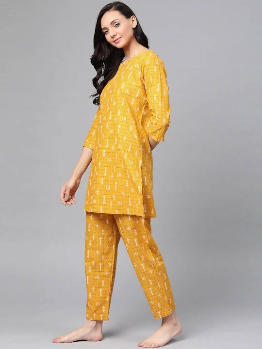 Anubhutee Mustard Yellow & Black Pure Cotton Printed Night suit - Distacart