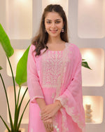 Thumbnail for The52 Pink Women's Beautiful Chikankari Work Chanderi Fabric Straight Kurta Pant and Dupatta Set - Distacart