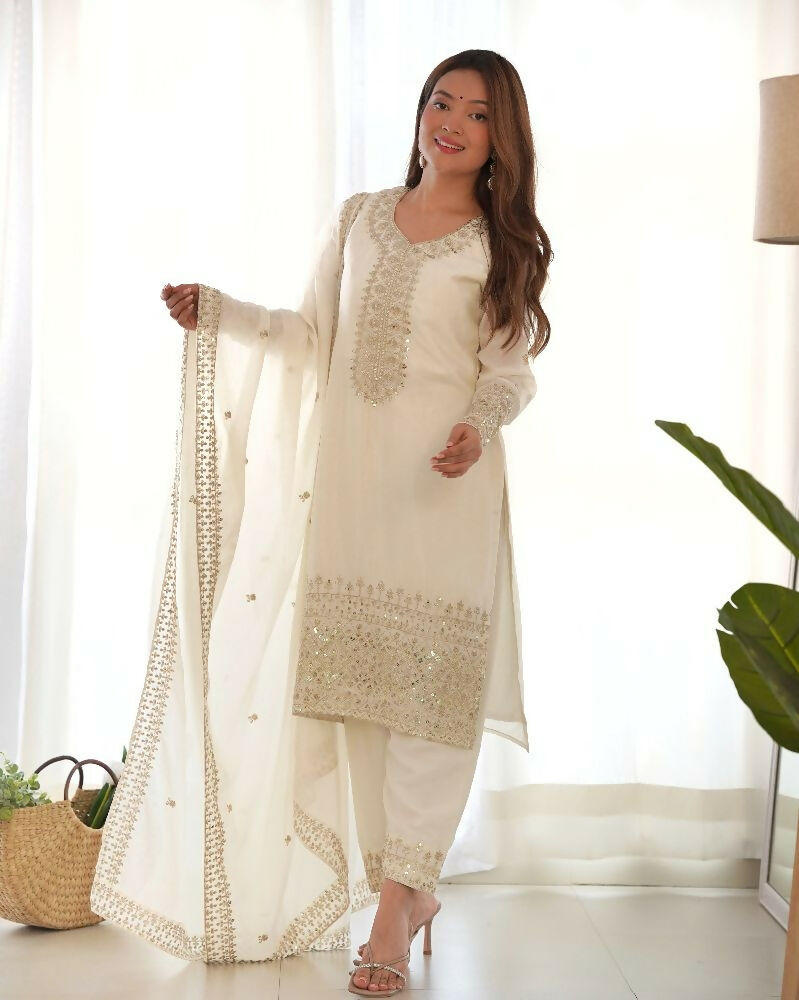 Joban Fashion White Kurta Set Silk Sequence Embroidery Work