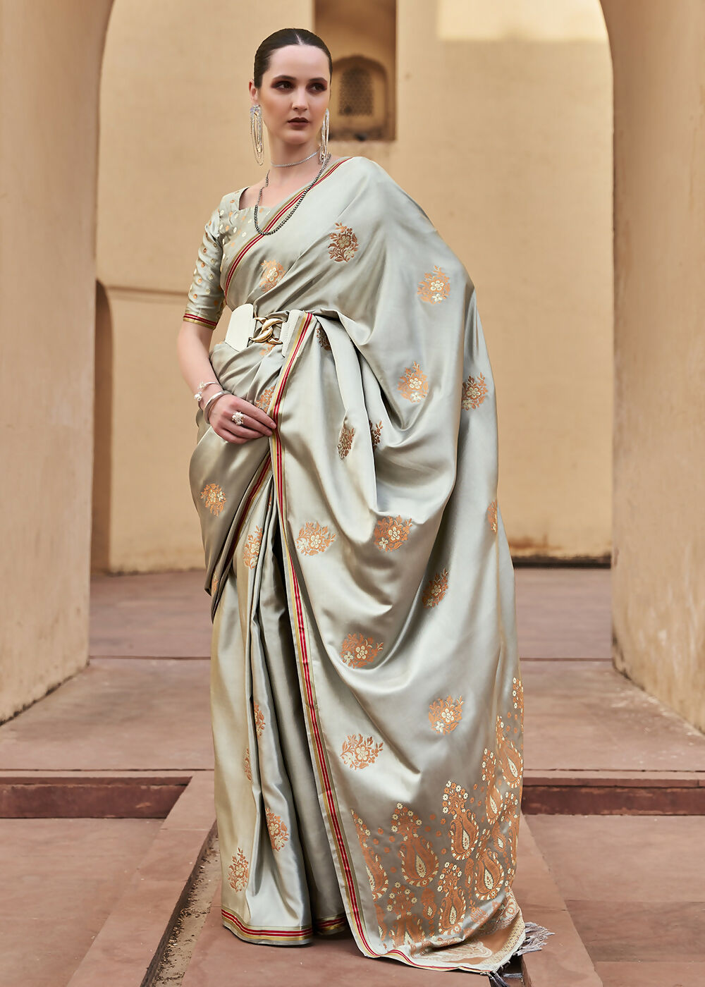 Dusty Grey Pure Satin Zari Weaving Wedding Festive Saree - Emponline - Distacart