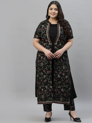 Sztori Plus Size Floral Foil Printed Mandarin Collar A-Line Kurta With Trouser - Distacart