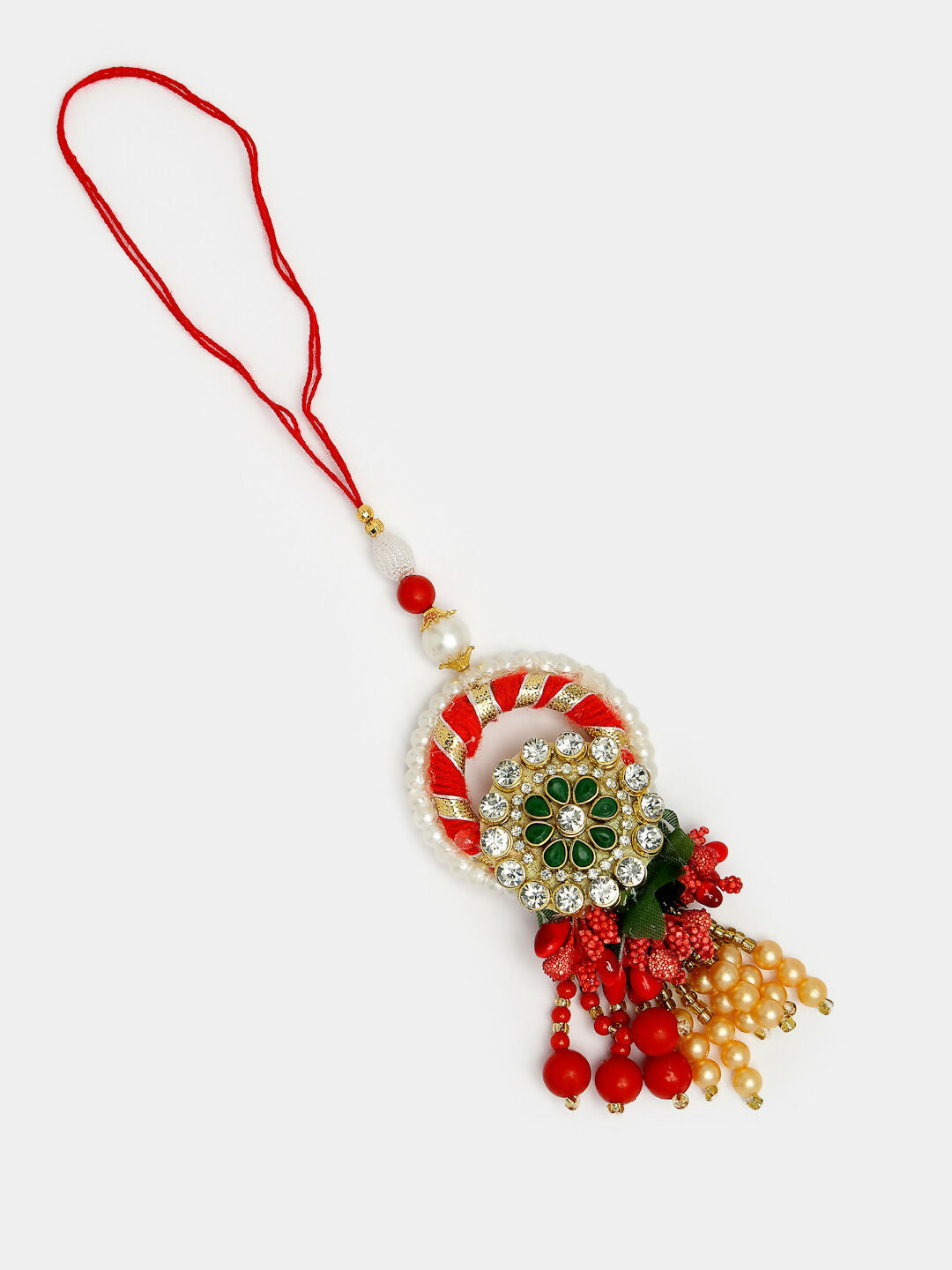 NVR Women & Men Set of 2 Red & Gold Toned Stone-Studded & Beaded Bhaiya Bhabhi Rakhi With Roli Chawal - Distacart