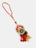 Thumbnail for NVR Women & Men Set of 2 Red & Gold Toned Stone-Studded & Beaded Bhaiya Bhabhi Rakhi With Roli Chawal - Distacart