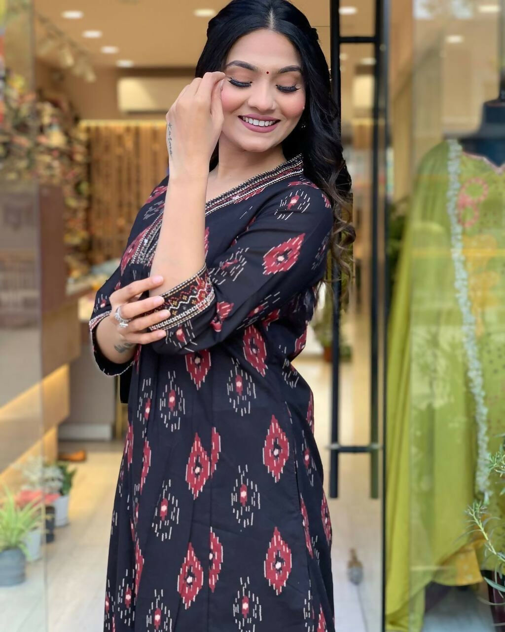 Preksha Creation Cotton Suit Set Full Flared Mugal Print Stright Suit - Black - Distacart