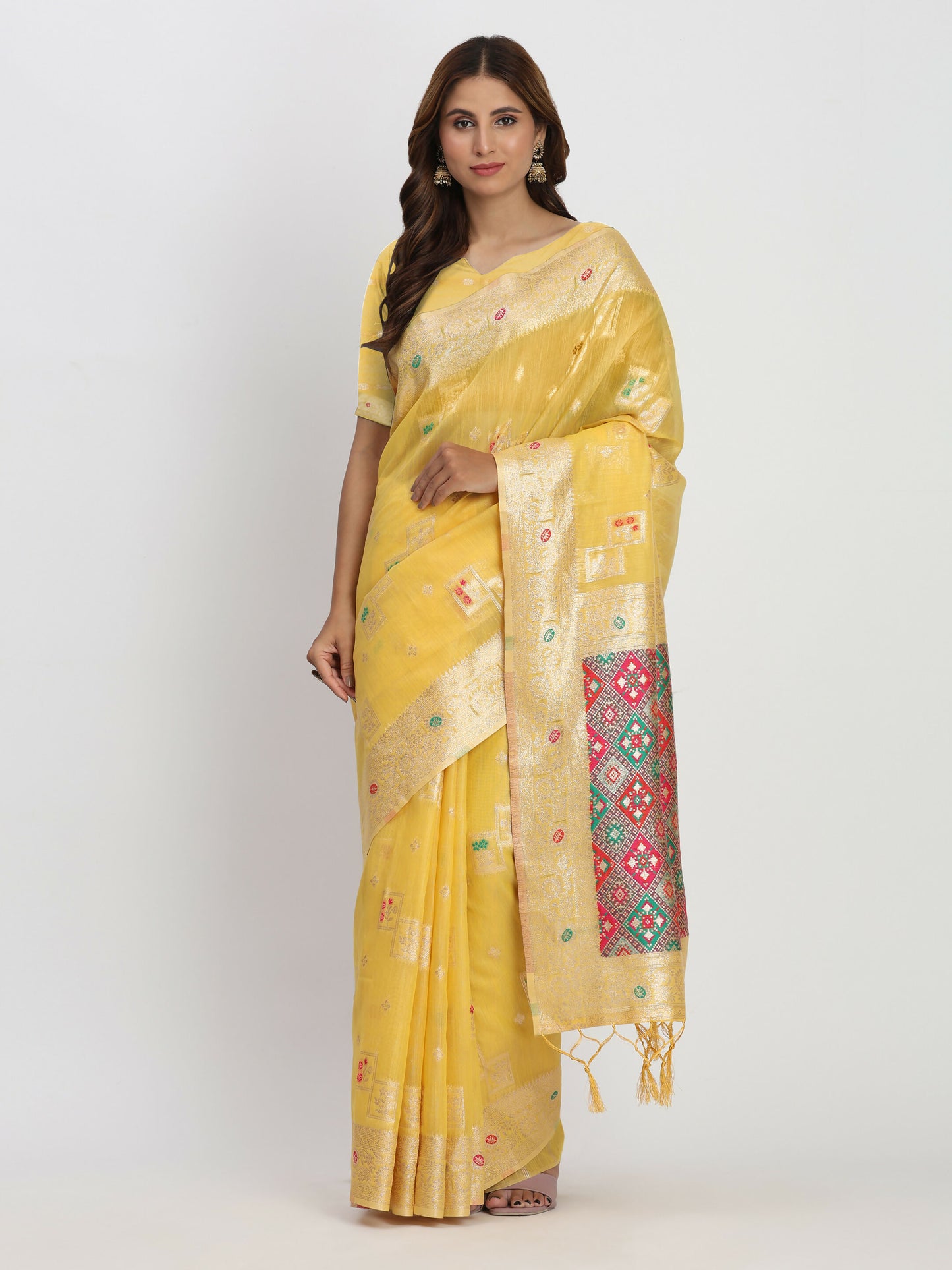 Shree Shyam Fashion Linen Cotton Yellow Saree - Distacart