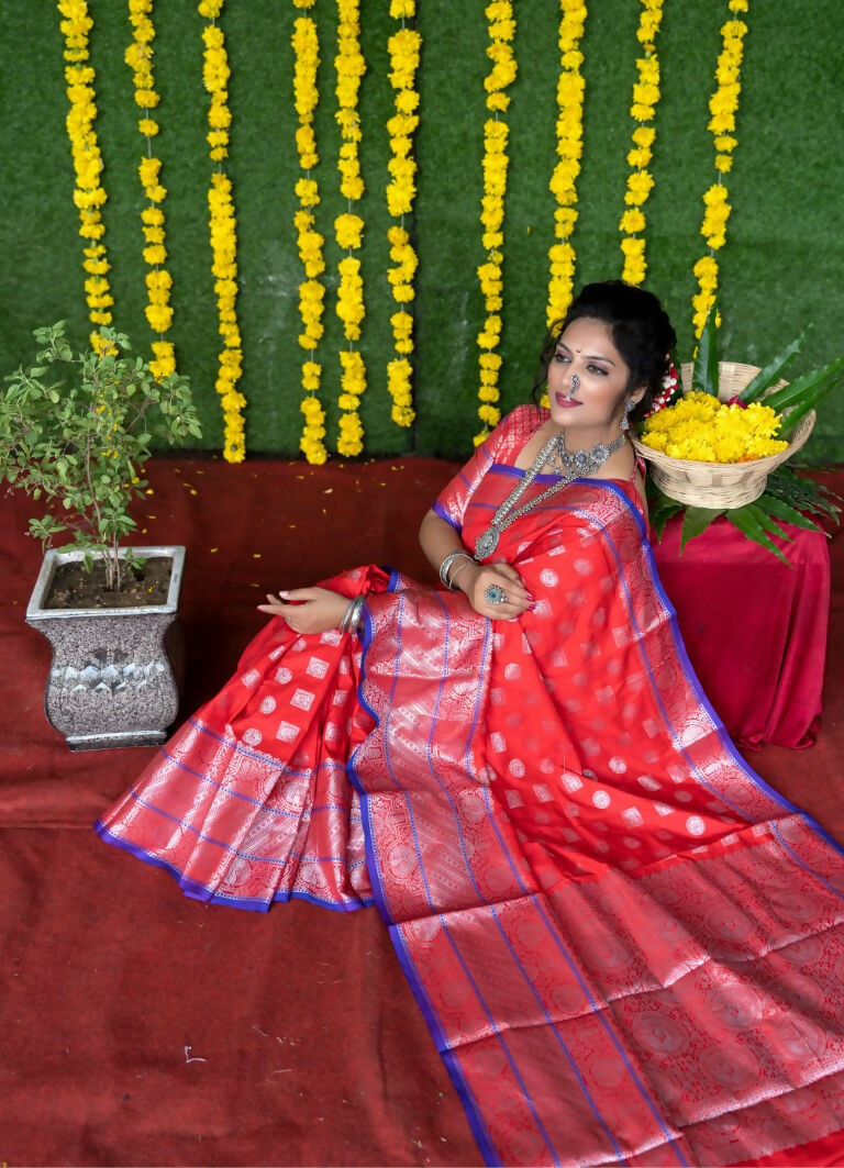 Jyoti Fashion Women's Red Soft Handloom Silk Zari Woven Saree with Blouse - Distacart