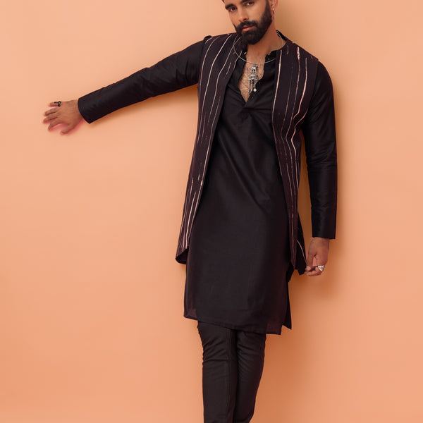 Kisah Men Black Printed Kurta Jacket Churidar Set with Tie & Dye - Distacart