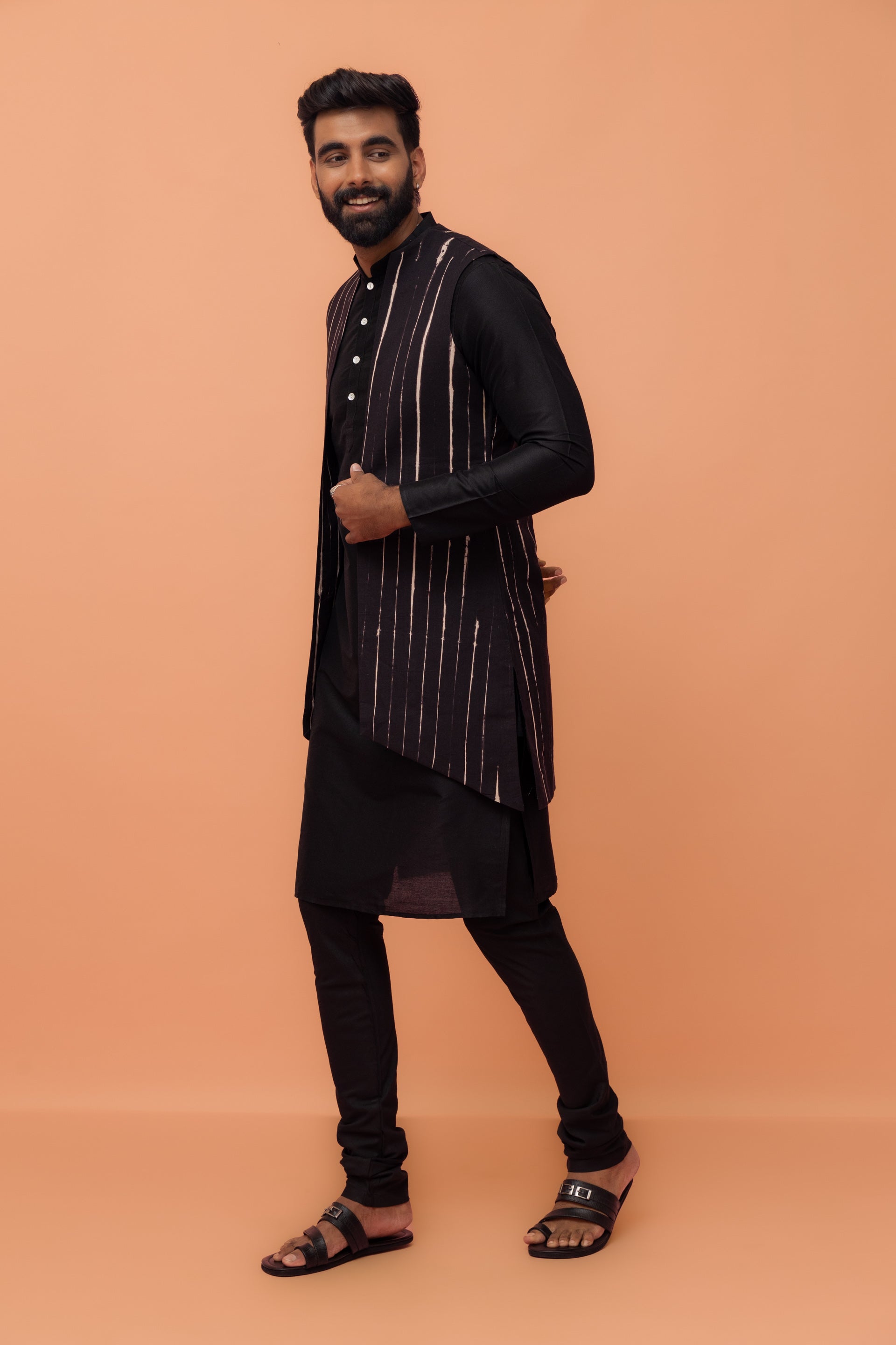 Kisah Men Black Printed Kurta Jacket Churidar Set with Tie & Dye - Distacart