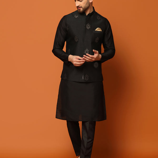 Kisah Men Black Embroidered Kurta Jacket Trouser Set - Distacart