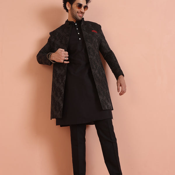 Kisah Men Black Embossed Kurta Indowestern Trouser Set - Distacart
