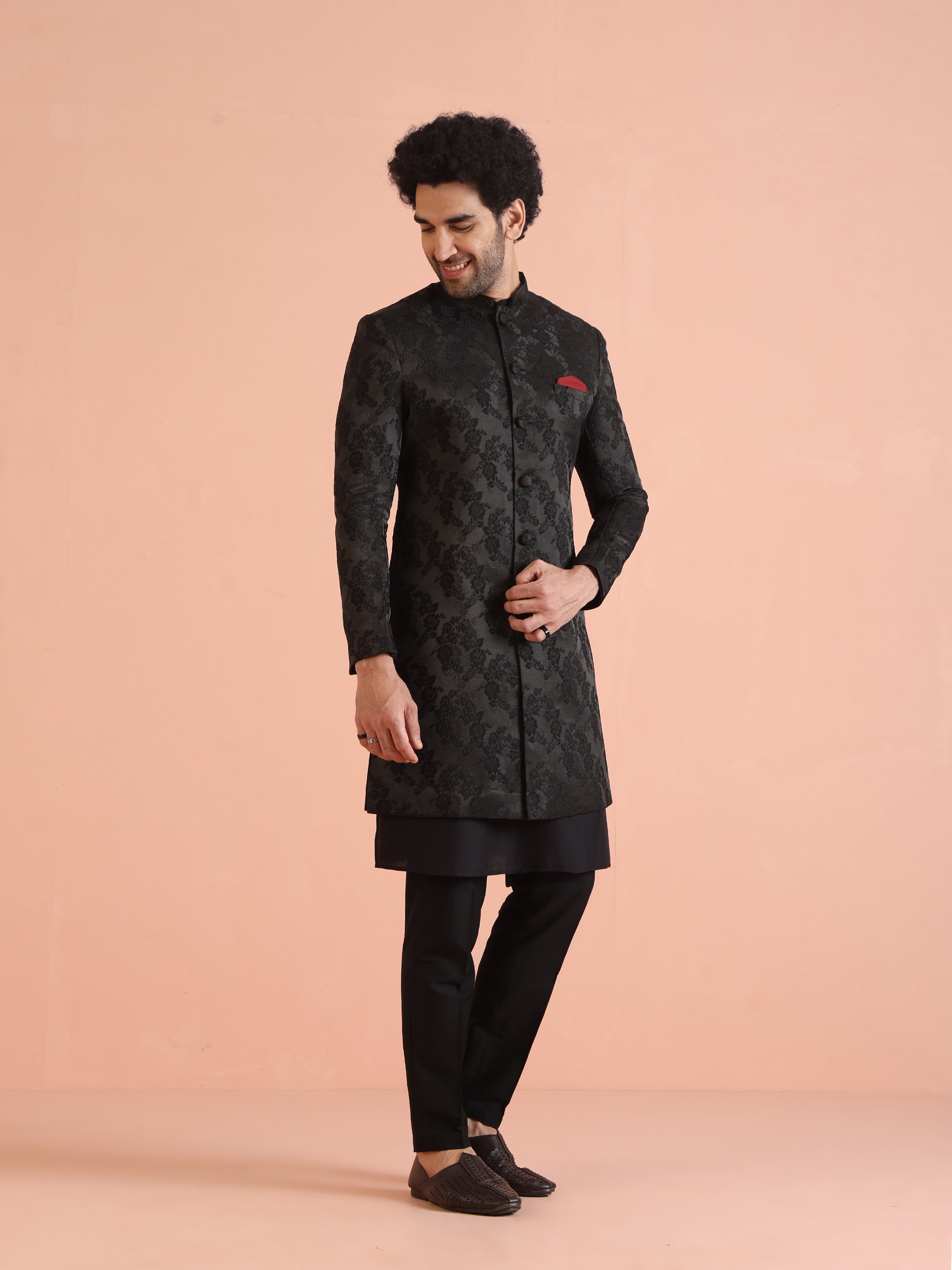 Kisah Men Black Embossed Kurta Indowestern Trouser Set - Distacart