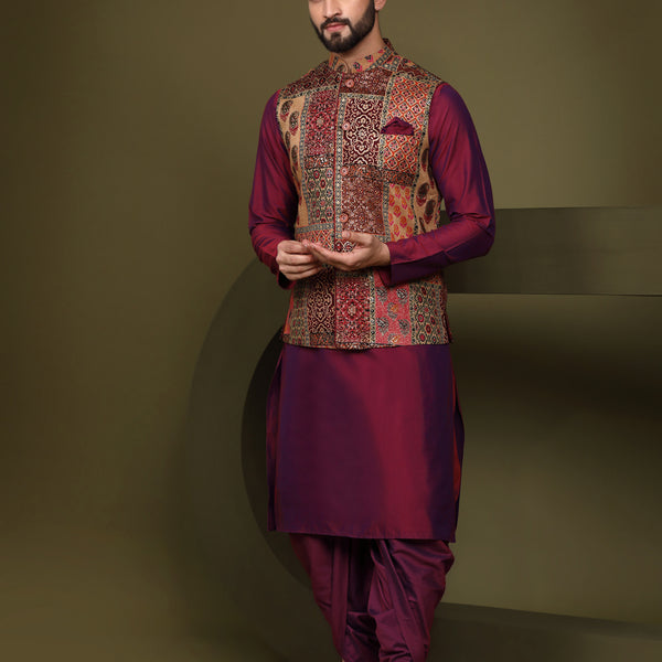 Kisah Men Maroon Printed Kurta Jacket Dhoti Set - Distacart
