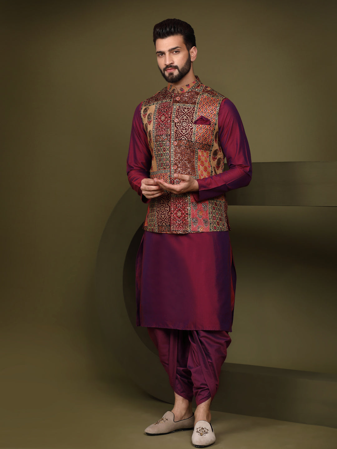 Kisah Men Maroon Printed Kurta Jacket Dhoti Set - Distacart