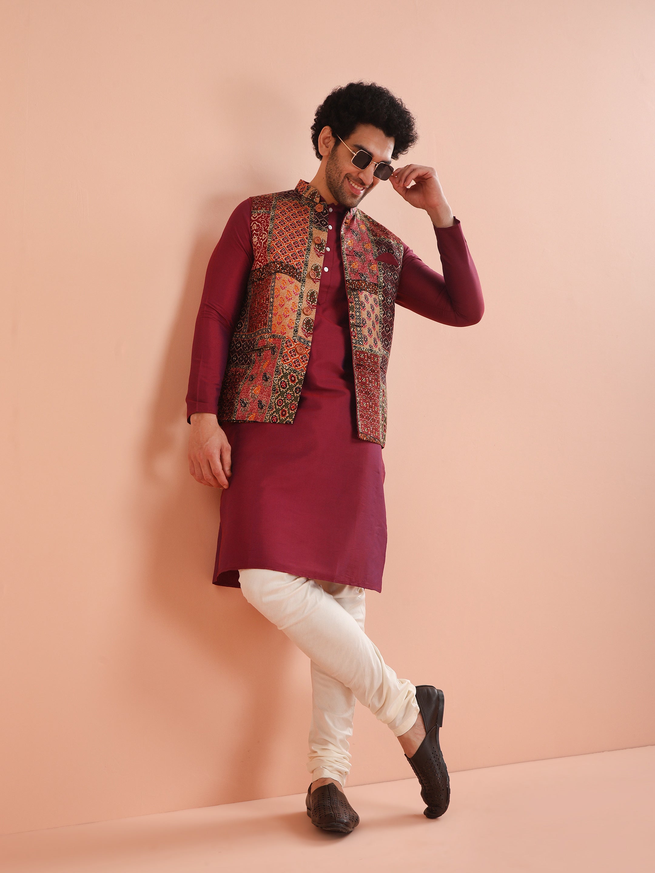 Kisah Men Maroon Printed Kurta Jacket Churidar Set - Distacart
