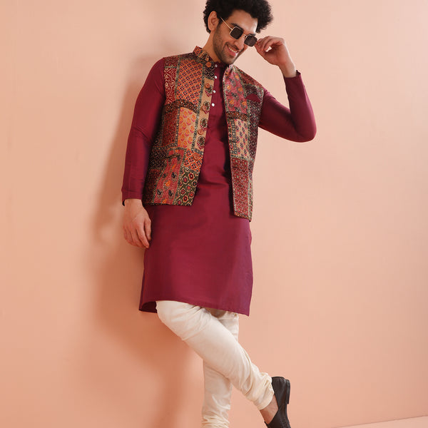 Kisah Men Maroon Printed Kurta Jacket Churidar Set - Distacart