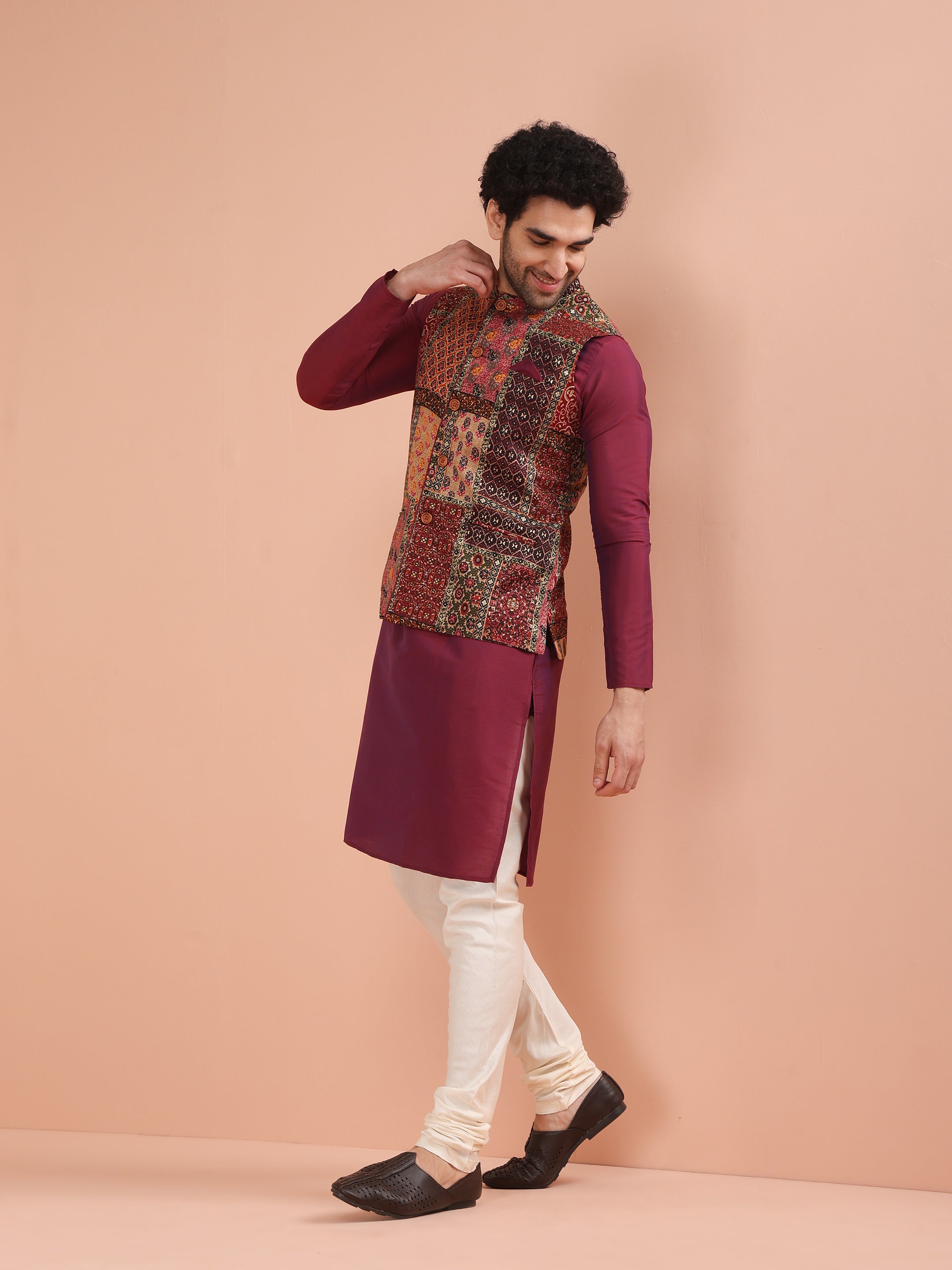 Kisah Men Maroon Printed Kurta Jacket Churidar Set - Distacart