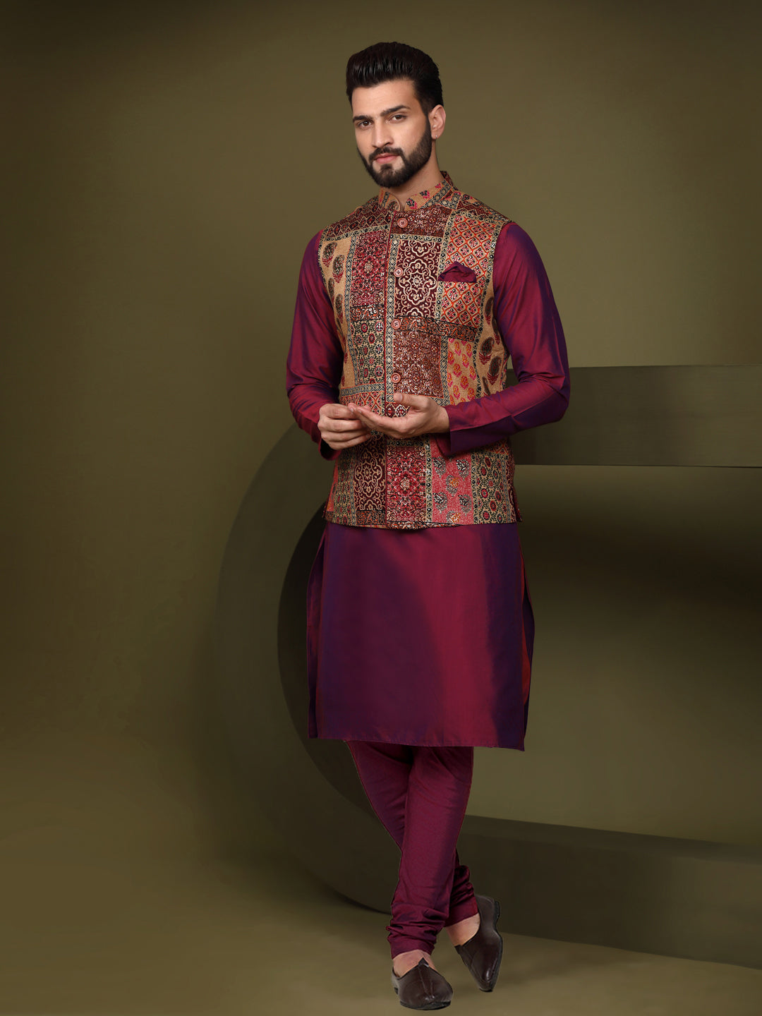 Kisah Men's Multi Color Kurta Jacket Churidar Set - Distacart