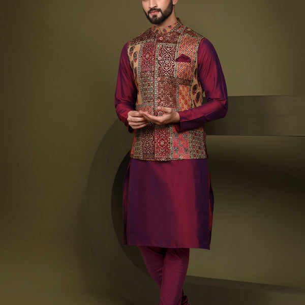 Kisah Men's Multi Color Kurta Jacket Churidar Set - Distacart