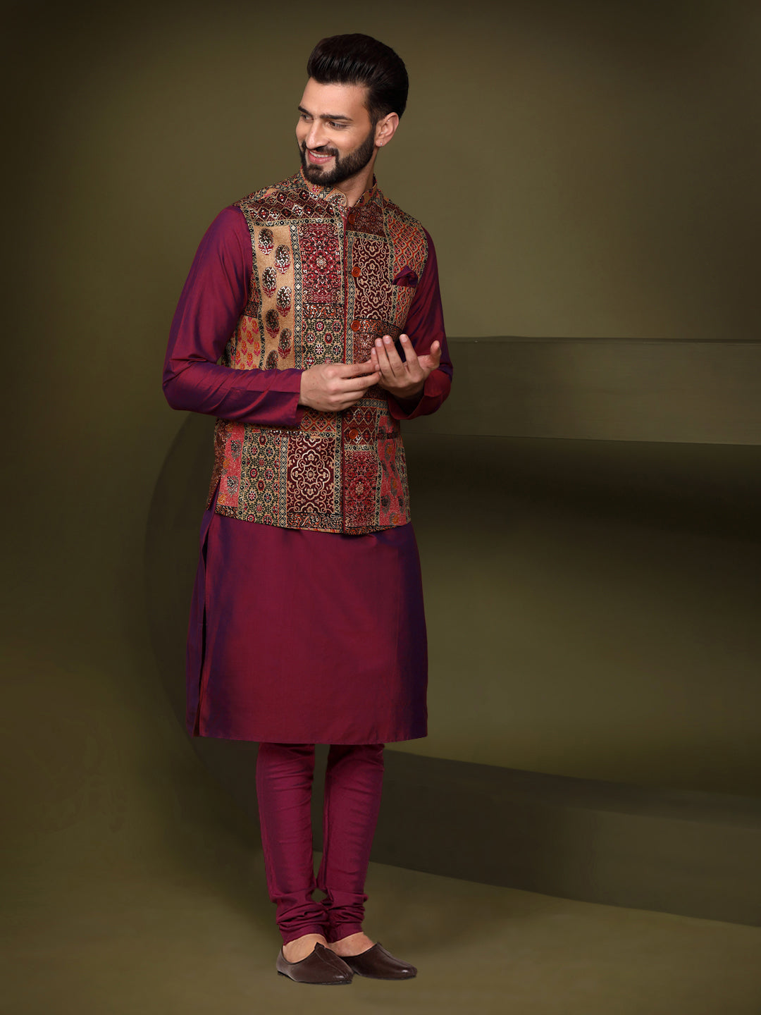 Kisah Men's Multi Color Kurta Jacket Churidar Set - Distacart