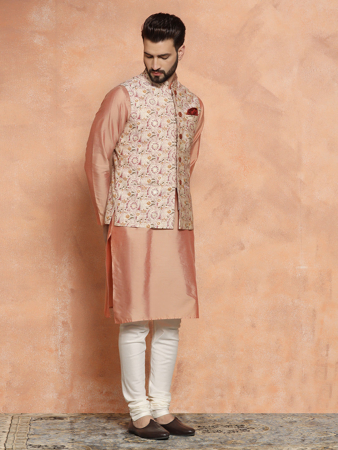 Kisah Men's Multi-Coloured Printed Kurta Jacket with Churidar Set - Distacart