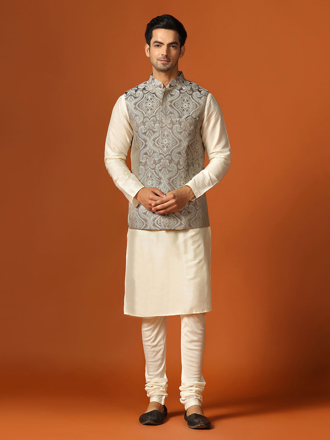 Kisah Men's Grey Kurta Jacket with Churidar Set - Distacart