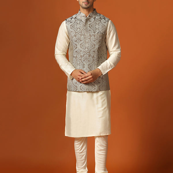 Kisah Men's Grey Kurta Jacket with Churidar Set - Distacart